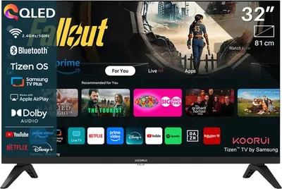 Koorui Smart TV - Tizen TV by Samsung - QLED Full HD - 32 inch/81 cm - Streaming apps - AirPlay - Hotelmodus - HDMI x3, USB x2, CI+ - Tripple Tuner DVB-T/T2/S/S2/C - Frameless Design - Geassembleerd i