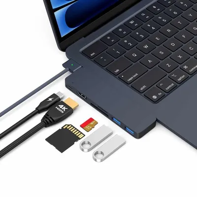 M-TECK MacBook Air/Pro USB-C - Dock - HUB - Splitter - 1 x HDMI 4K60Hz - 1 x Thunderbolt - 2 x USB3.0 - SD/MicroSD kaartlezer - M1/M2/M3/M4- Kleur: Midnight