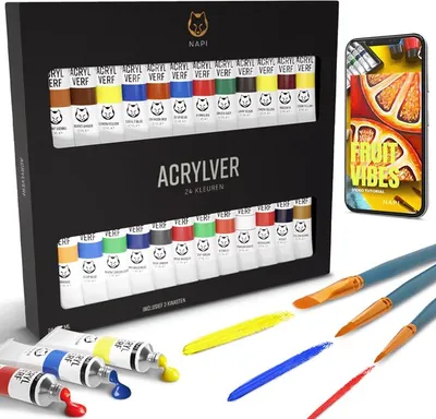 NAPI Acrylverf 24 Kleuren + 3 Penselen - Klaar voor Gebruik - Inclusief Kleurencirkel - Hobbyverf Set - Schilderen Acryl Verf - 24 Tubes
