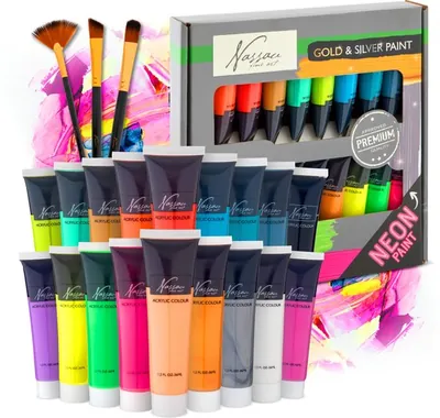 Acrylverf Set 18pcs - Hobbyverf - Basiskleuren - Neon Verf - Metallic Verf - Acrylverf Tubes - 36ml per tube - Schilderen voor kinderen en volwassenen - Acrylverf goud